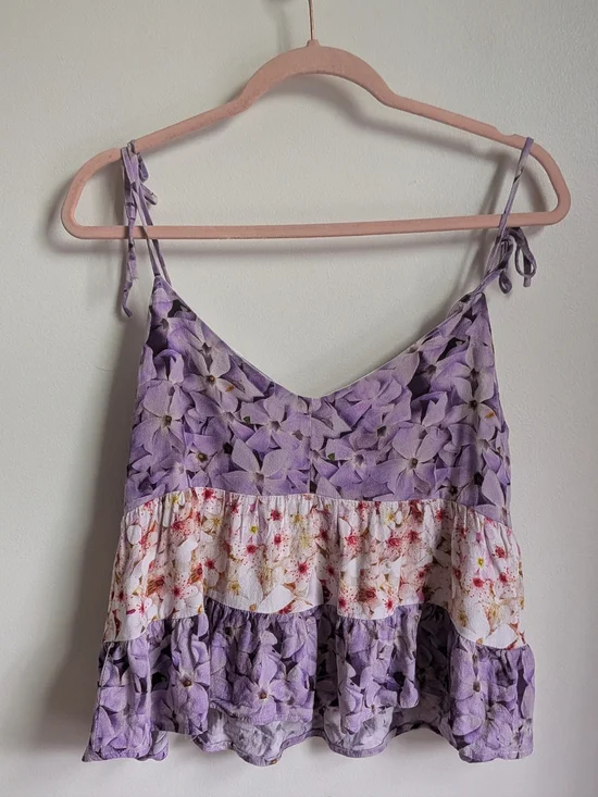 DESIGUAL Purple Cream Bohemian Floral Strap Ruffles Flowy Tank Top Size Medium - Picture 8 of 8